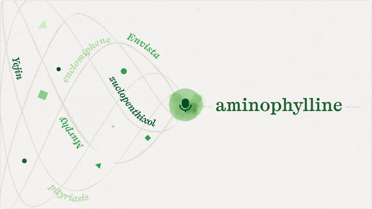 Hard-to-transcribe names such as enclomiphene, zuclopenthixol and pityriasis curving around a microphone, with aminophylline resolved in focus beside it