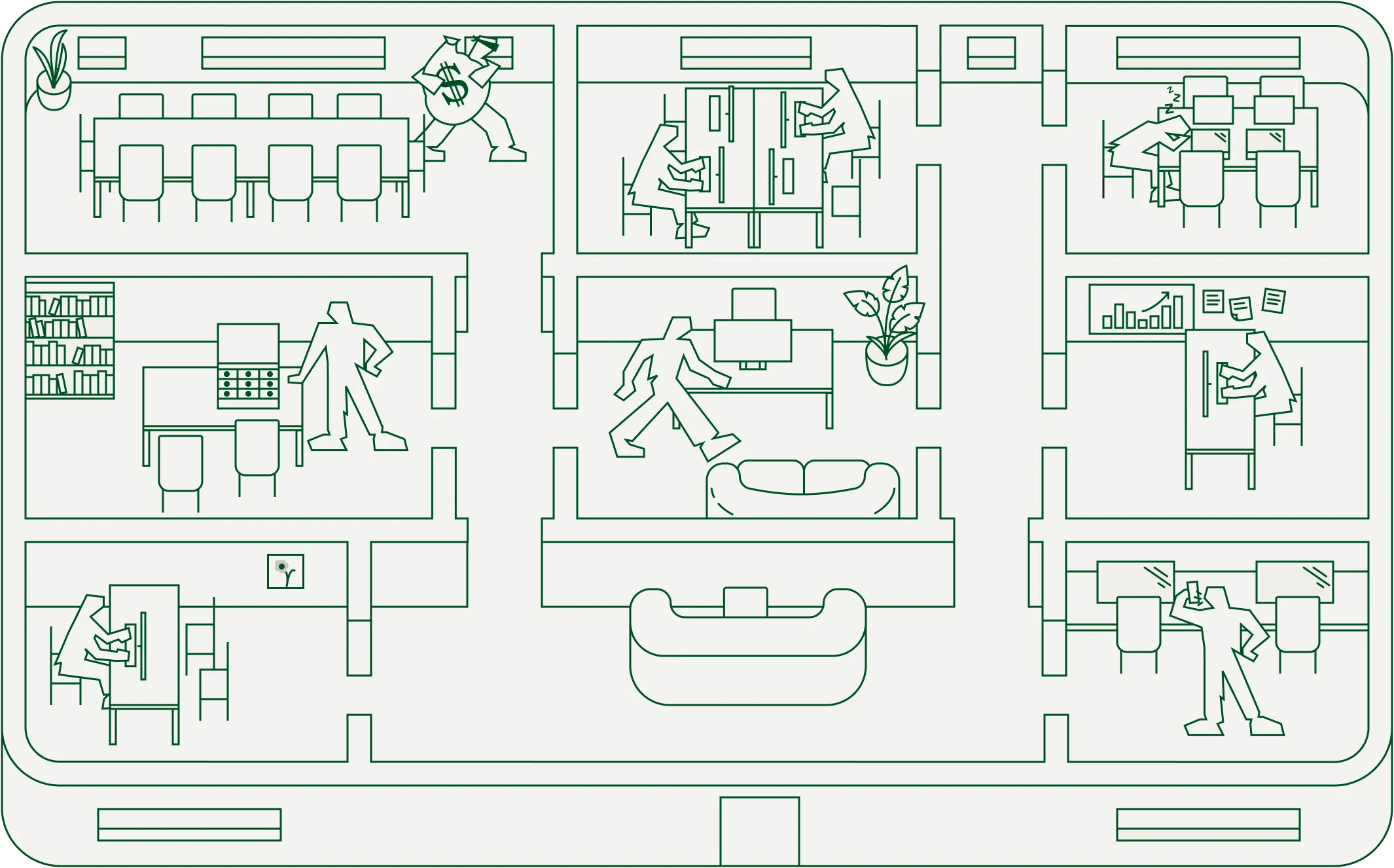 Illustrated floor plan of rooms showing voice AI use cases