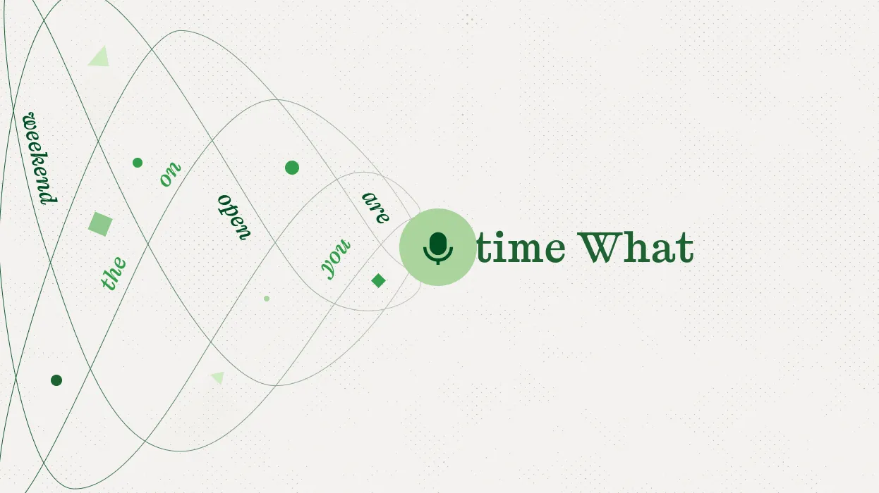 A spoken question spiraling word by word into a microphone, evoking speech-to-text transcription